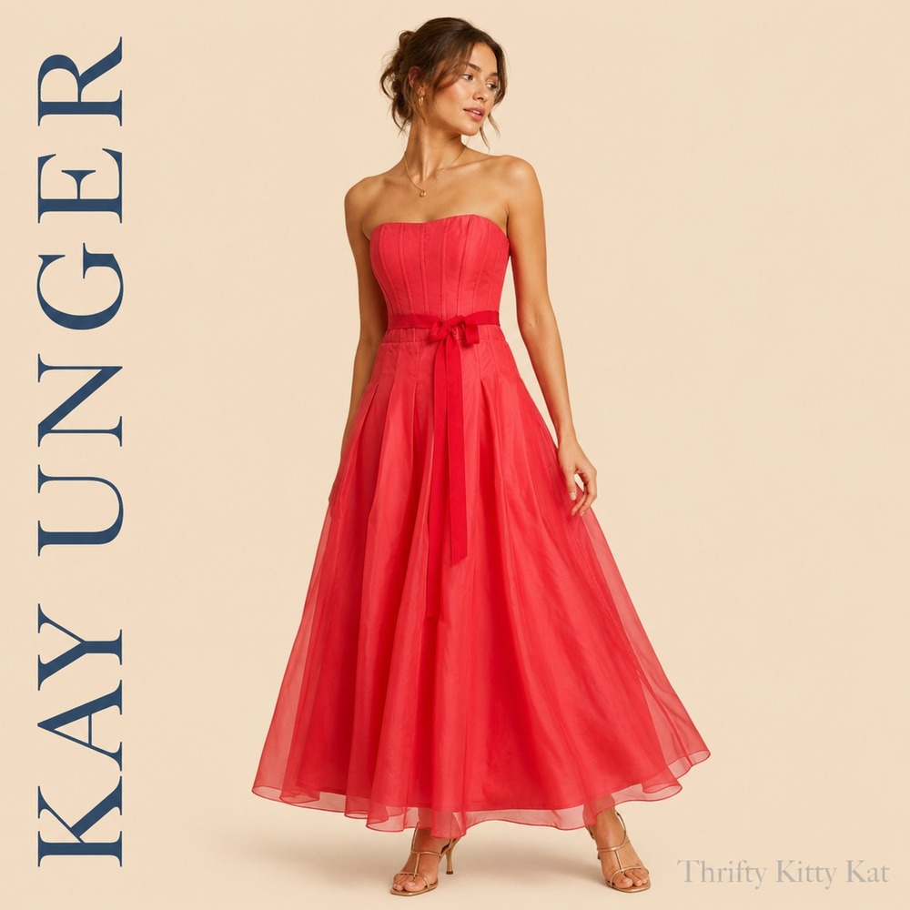 Kay Unger Dress Strapless Gown Velvet Ribbon Red Silk 4